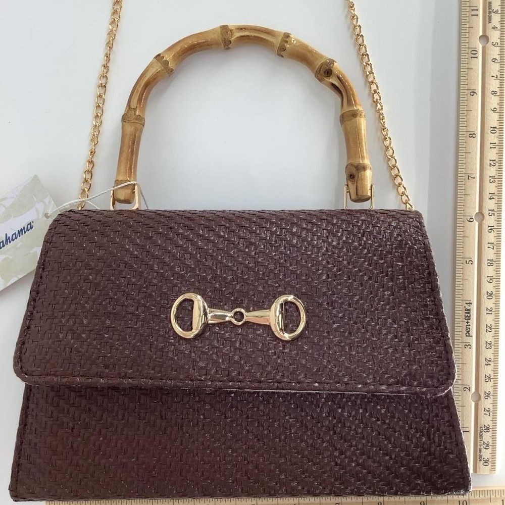 Tommy Bahama Brown Woven Bamboo Handle Handbag Gold Horsebit AZ8716 NWT